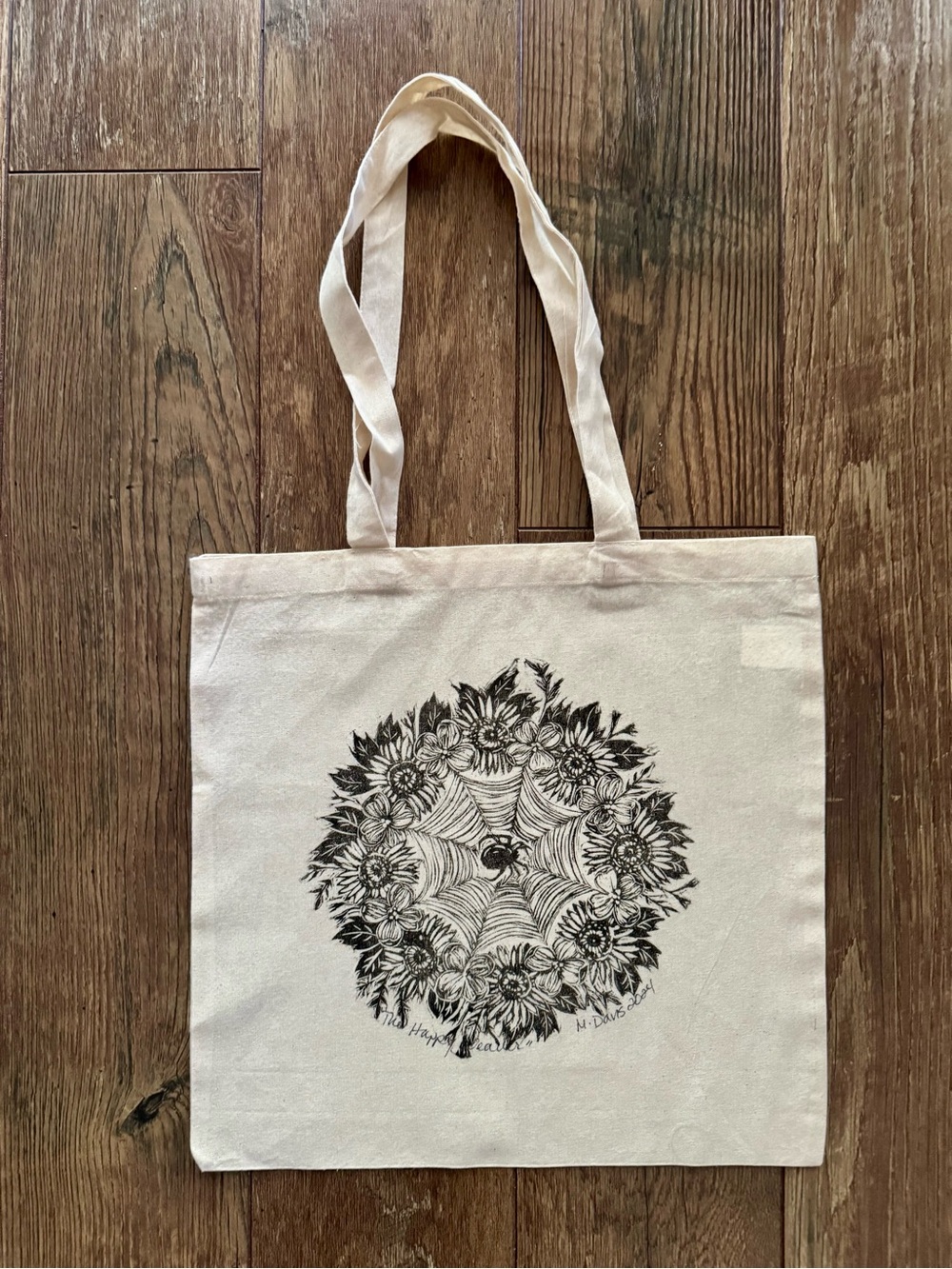 Handmade lightweight Canvas Tote Bag Hand printed Mandala Spider and web 15”x15”